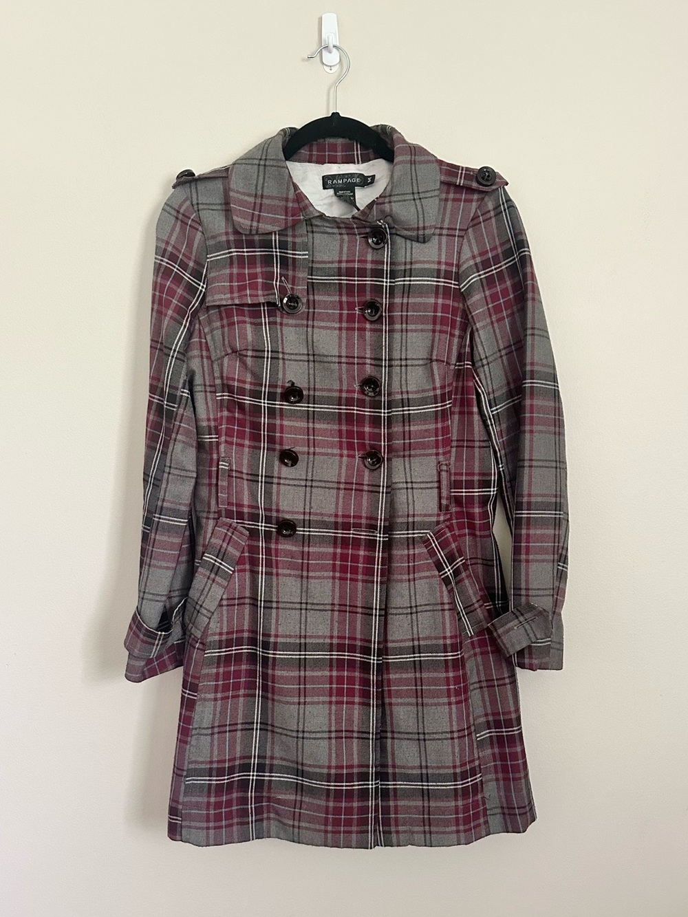 Vintage Y2K Rampage Plaid Peacoat Jacket M Gray Purple Double Breasted Indie